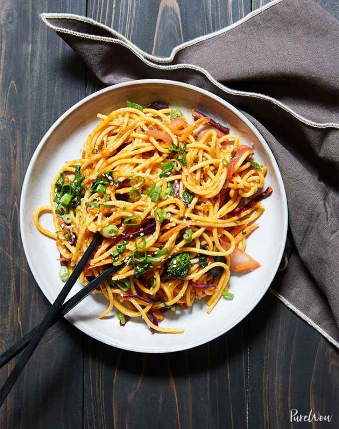 easy summer dinner ideas curry noodles with broccoli rabe and purple cabbage recipe