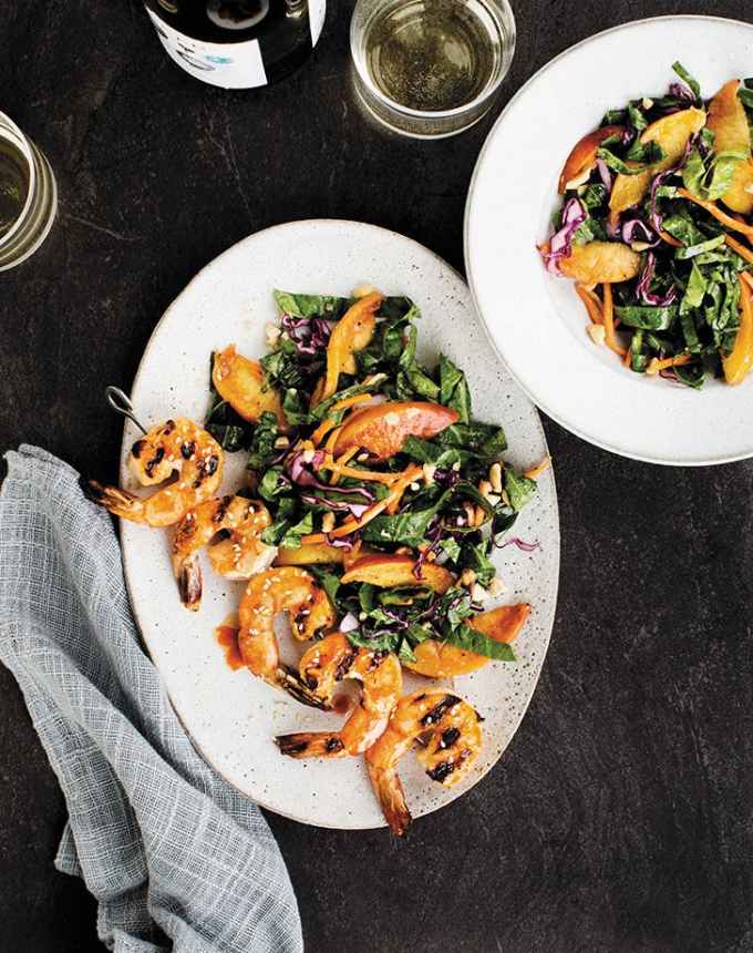 easy summer dinners sriracha shrimp skewers with collard peach salad recipe