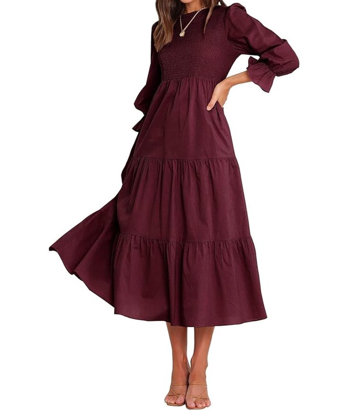 Fall Dresses Under $150: Amazon burgundy tiered midi dress