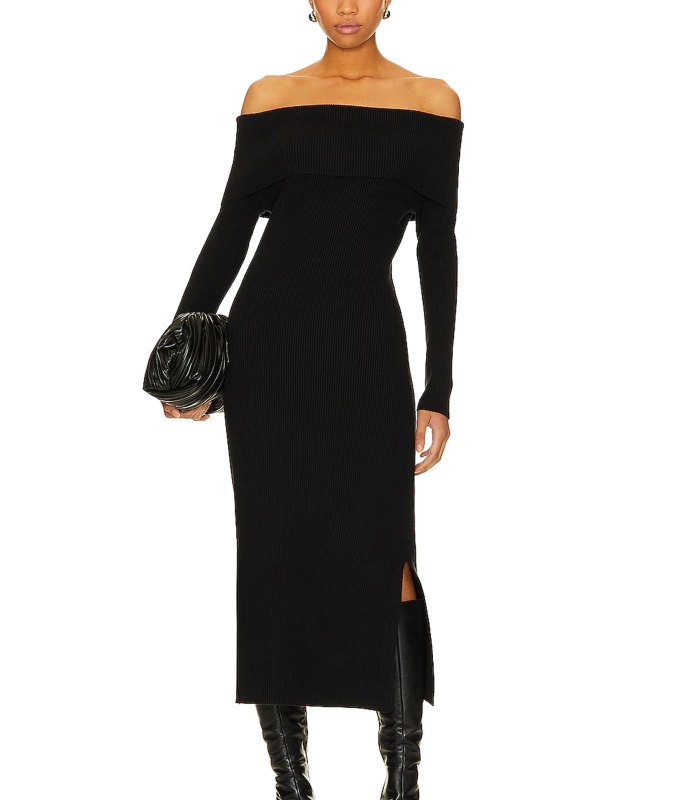 Fall Dresses Under $150: Off-the-shoulder black sweater dress