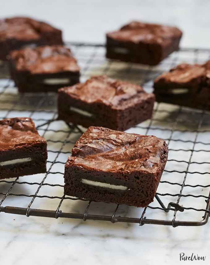 fun things to bake: oreo-stuffed brownies on a cooling rack