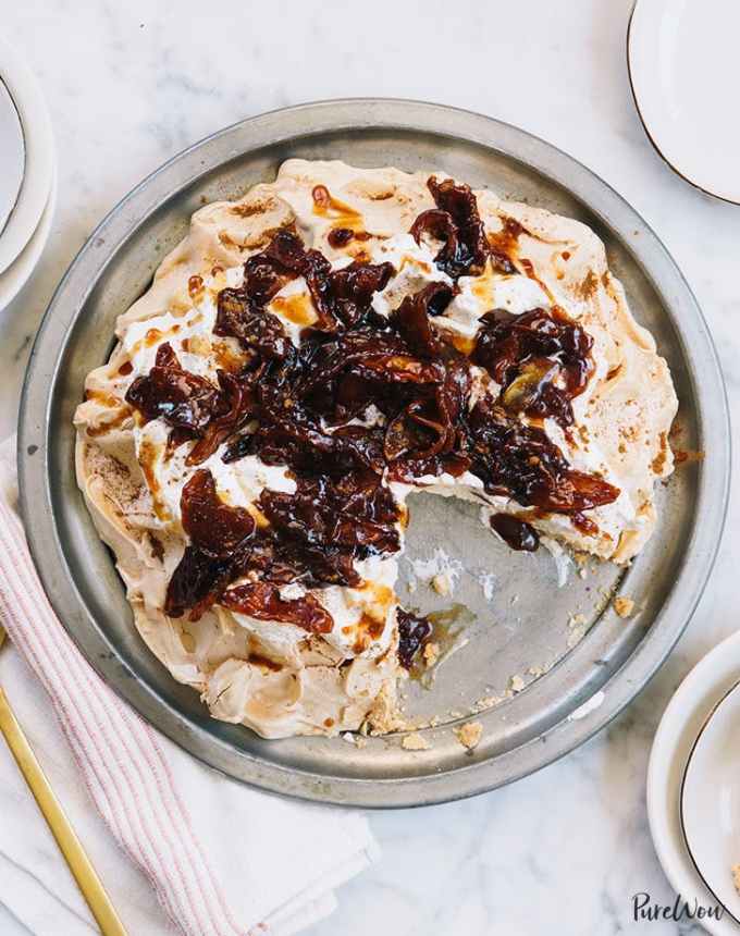 fun things to bake: aerial of roasted apple pavlova with honey whipped cream and roasted apples