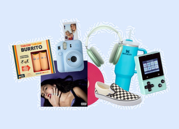 Gifts for Tweens: collage of various gift products like a Fujifilm Instax Instant camera, a Guts by Olivia Rodrigo vinyl album, Vans checkered sneakers, Apple Air Pods Max headphones, a Stanley Cup Tumbler, a Throw Throw Burrito game and a create your own video game handheld console set against a blue background