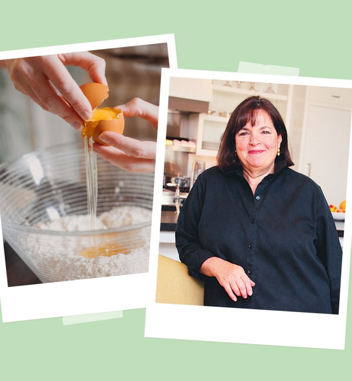 ina garten baking rule: collage of ina garten and someone cracking an egg