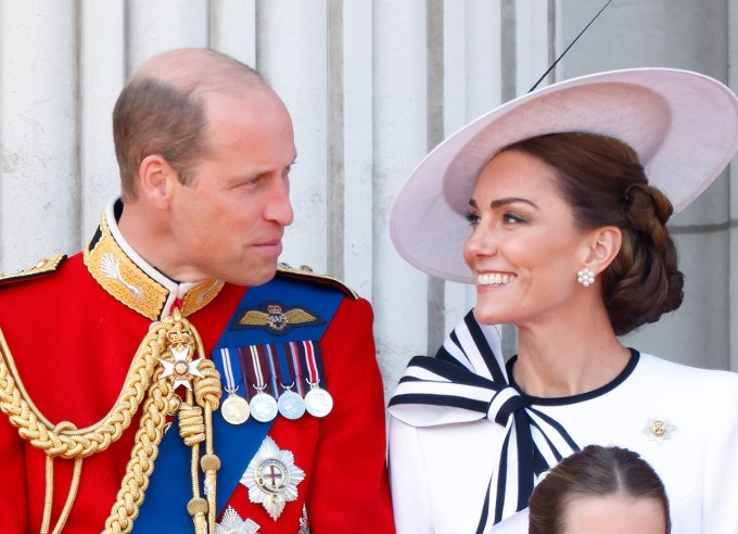  kate-middleton-prince-william-beard-new-video: Prince William, Prince of Wales and Catherine, Princess of Wales watch an RAF flypast from the balcony of Buckingham Palace