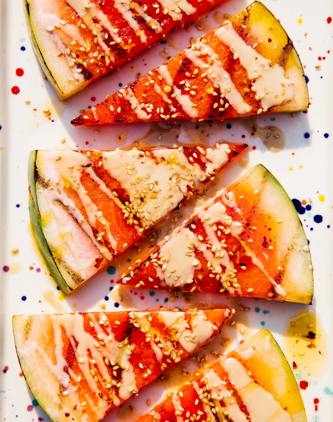 Labor Day menu: grilled melon with tahini, chili oil and sesame seeds