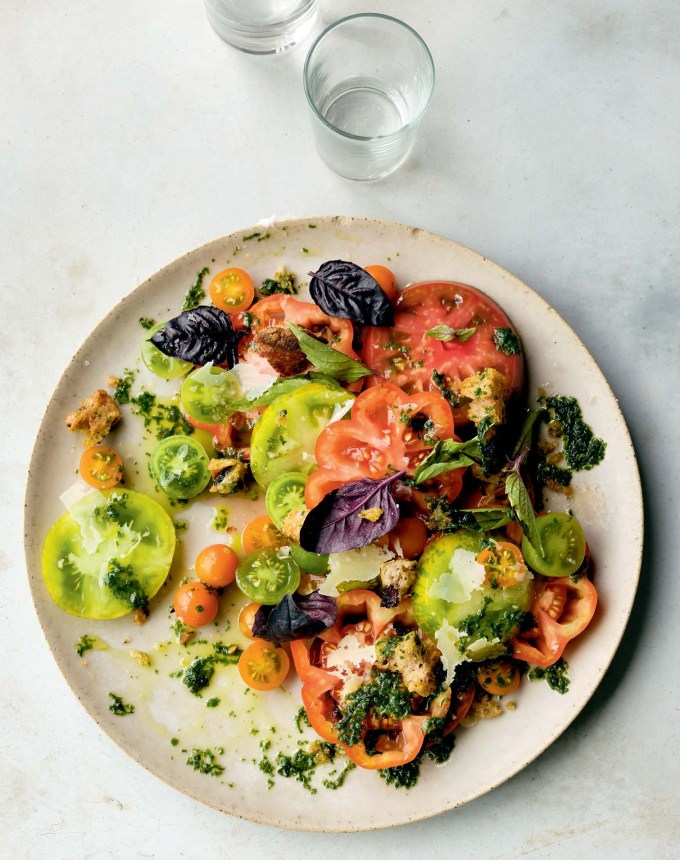 Labor Day menu: heirloom tomatoes with basil and olive croutons