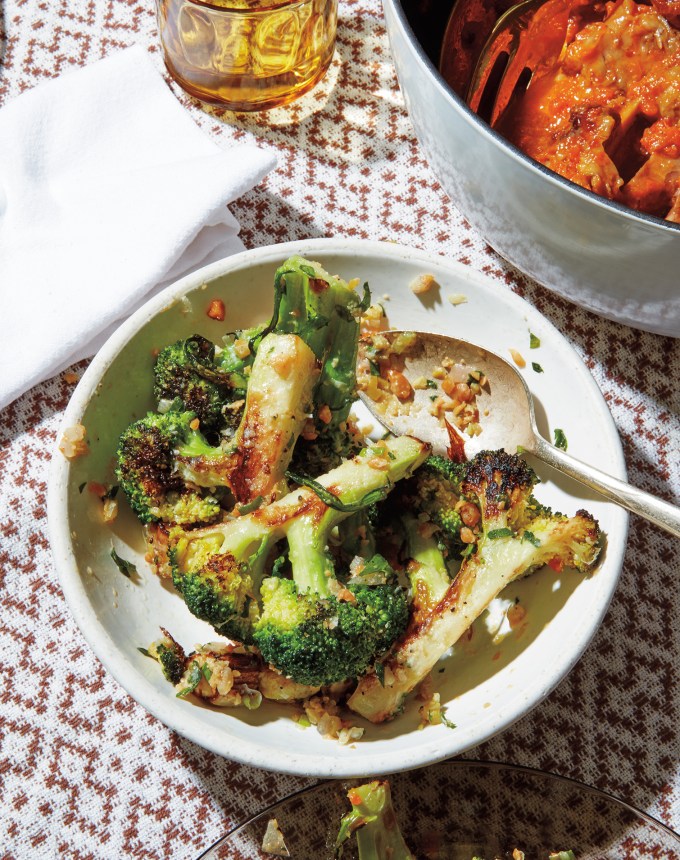 Labor Day menu: roasted broccoli with olive and almond pesto