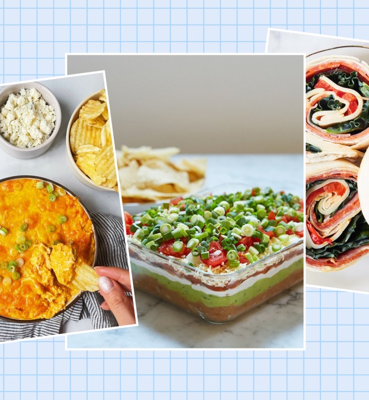 make ahead tailgate food: collage of images with buffalo chicken dip, 7 layer dip and Italian deli pinwheels