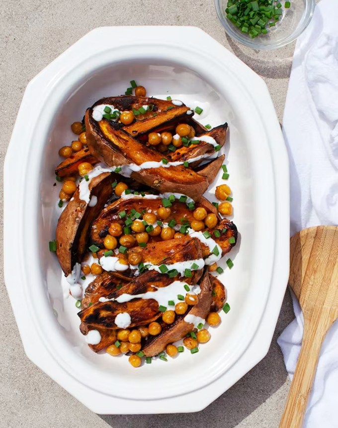 toddler lunch ideas: oven roasted sweet potatoes with crispy chickpeas and lemon yogurt