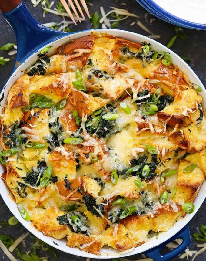 best big-batch recipes: spinach and cheese strata on a plate