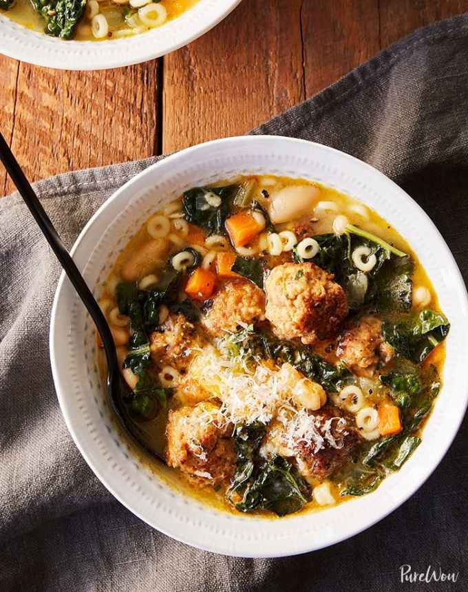 best big-batch recipes: bowl of italian wedding soup on a wooden table