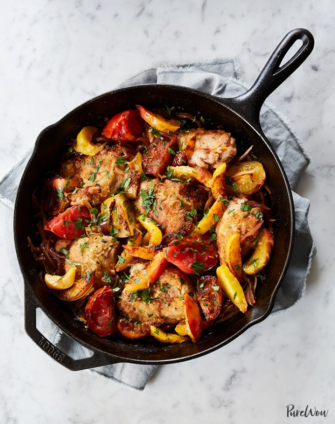 skillet roast chicken with peaches tomatoes red onion recipe1