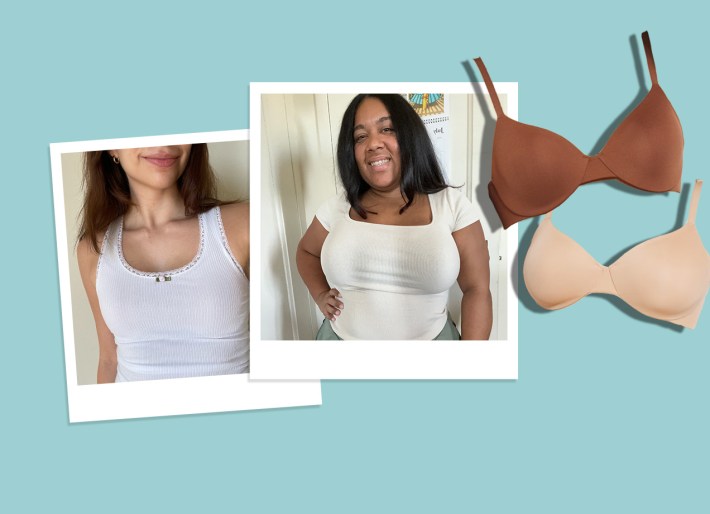 soma-vanishing-unlined-perfect-coverage-bra-review: polaroid images of editors testing the bra