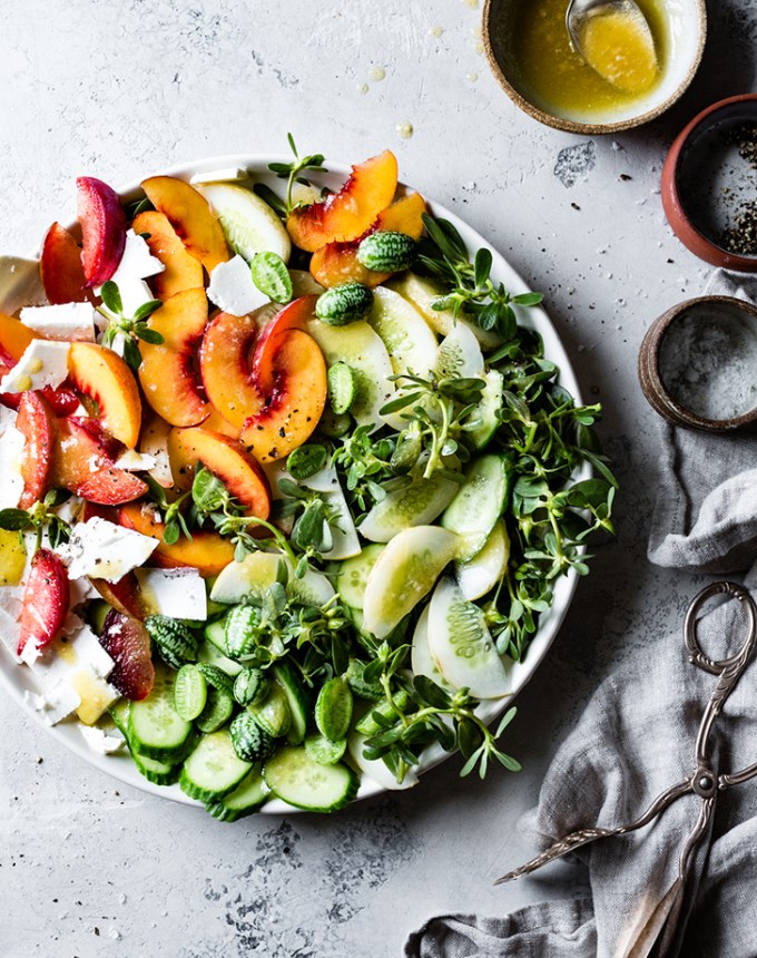 stone fruit cucumber salad with ricotta salata golden balsamic miso vinaigrette recipe1