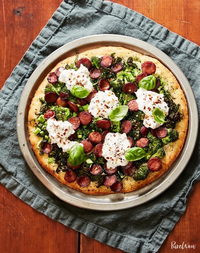 best big-batch recipes: aerial spicy sausage pizza topped with burrata