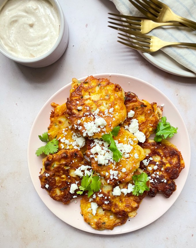 toddler lunch ideas: corn fritters with elote dip