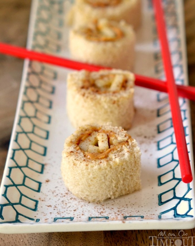 toddler lunch ideas: peanut butter apple cinnamon sushi rolls