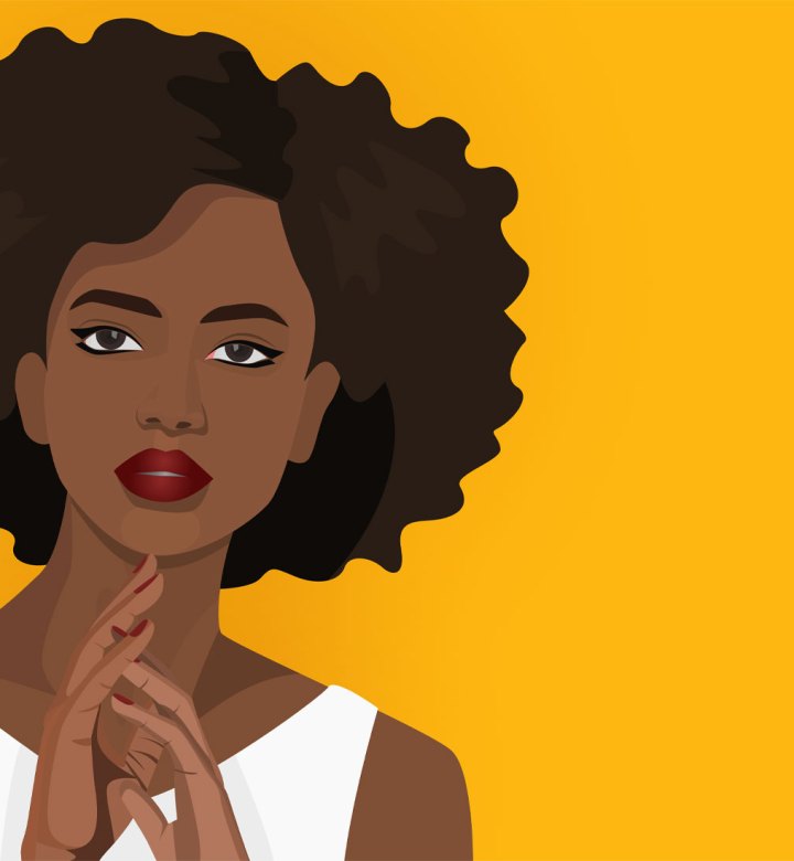 very-demure-very-mindful-tiktok-trend: An illustration of a young Black woman wearing her hair naturally. She has on a wide neck white shirt and wears red lipstick. She is in front of a yellow background.