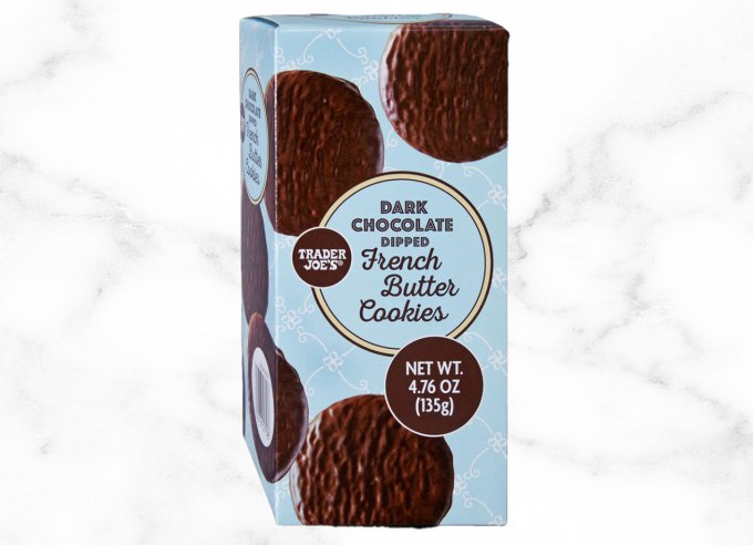 what's new at trader joe's august 2024: dark chocolate dipped french butter cookies