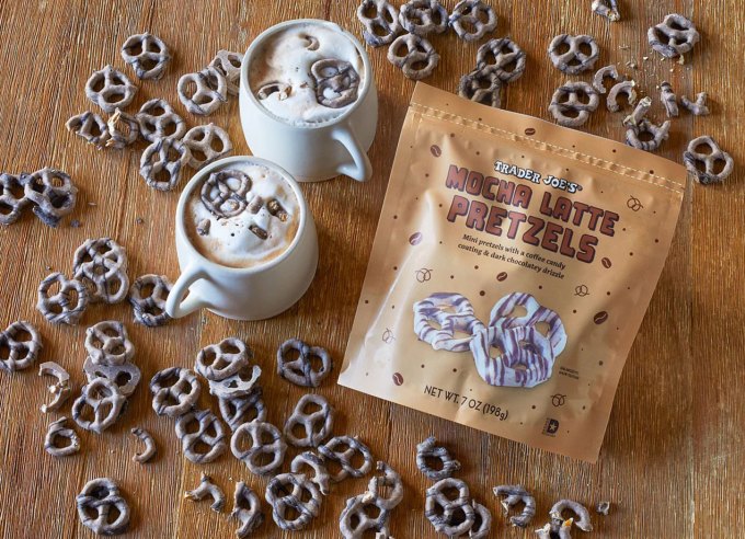 what's new at trader joe's august 2024: mocha latte pretzels