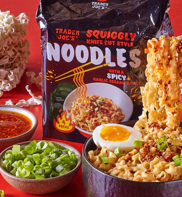 what's new at trader joe's august 2024: squiggly spicy hand-cut noodles