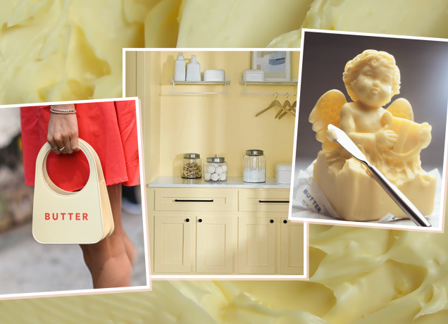 the butter yellow trend in fashion, home and food, from a purse to a butter sculpture