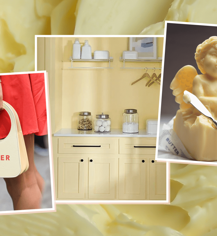 the butter yellow trend in fashion, home and food, from a purse to a butter sculpture