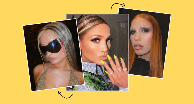 chunky highlights trend a photo collage of kim petras, jennifer lopez and Trinity Vigorsky