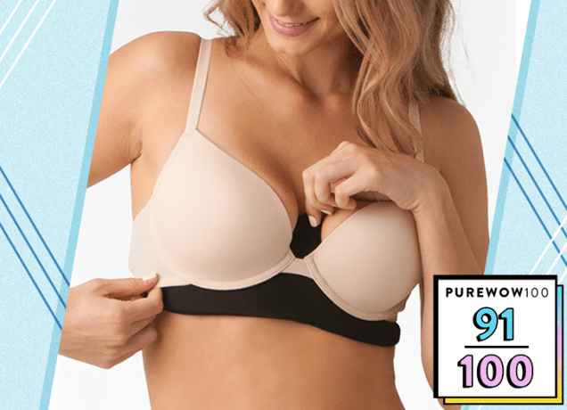 Belly Bandit Don't Sweat It bra liner: A women tugs at her bra liner