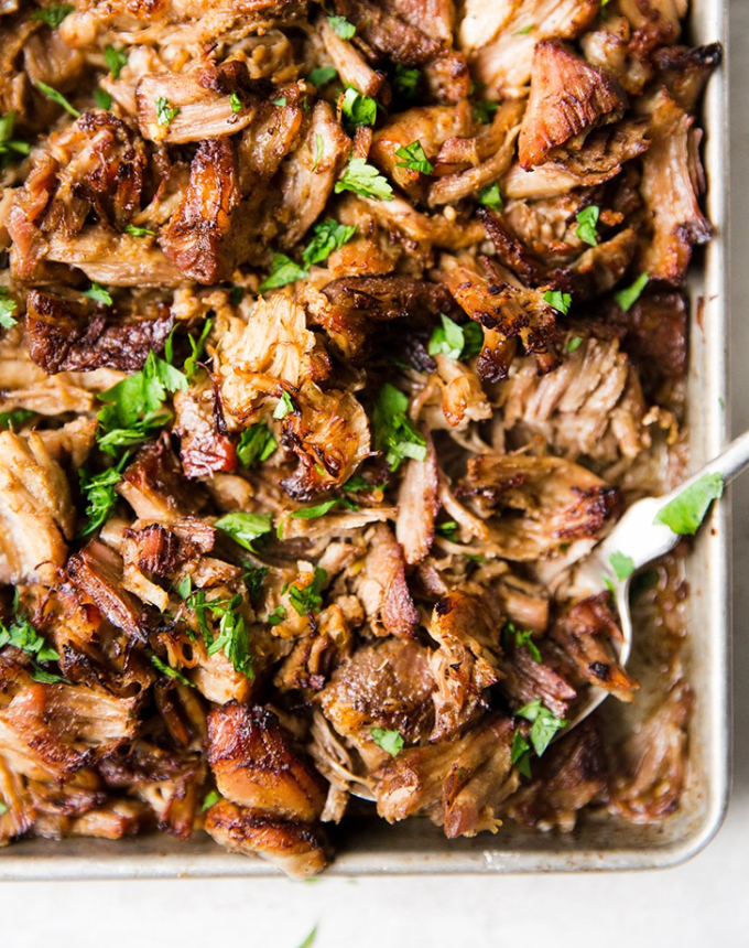 big batch recipes: close-up of slow cooker crispy chicken carnitas