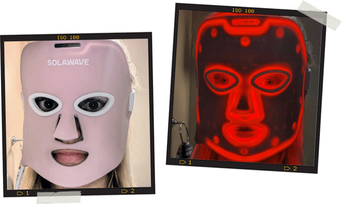 wearing the solawave wrinkle retreat mask and showing it turned on during treatment